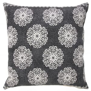 Traditional Black/White 20 in. x 20 in. Fairytale Motif Bordered Throw Pillow