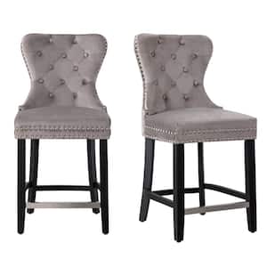 Harper 24 in. Gray Velvet Tufted Wingback Kitchen Counter Stool with Black Solid Wood Frame (Set of 2)