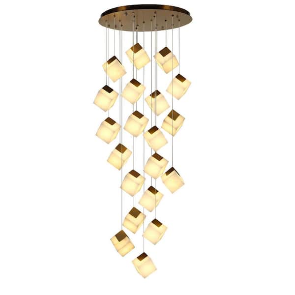 138 in. 20 Light Gold Dimmable Alabaster Cluster Chandelier Haning Pendant for Staircase with Alabaster Shade