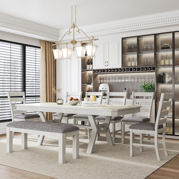 6-Piece Farmhouse Extendable Dining Table Set with Bench, Solid Rubberwood Kitchen Table Set with Gray Finish, Seats 6-8
