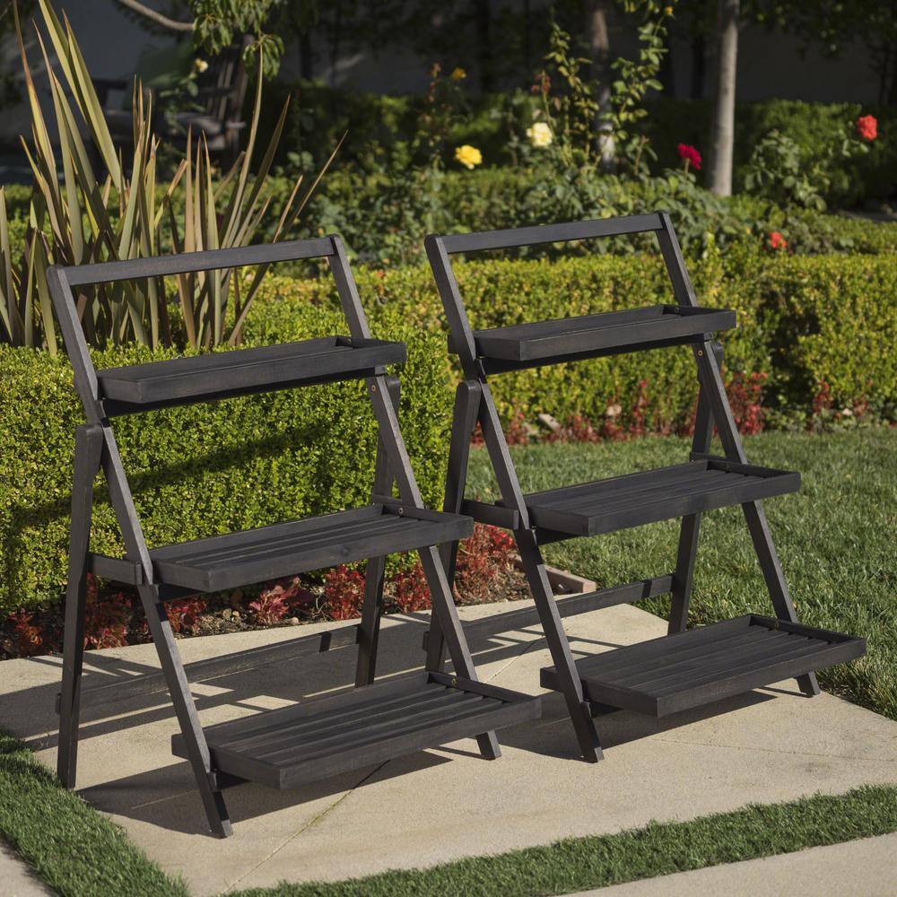 Set of 2 Dark Gray Acacia Wood Foldable Plant Stands