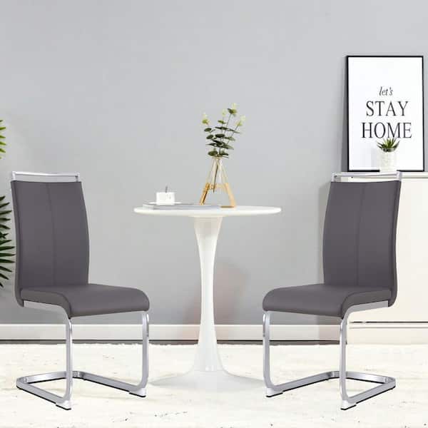 Polibi Dark Gray PU Faux Leather High Back Upholstered Side Chair with C-Shaped Tube Black Coating Legs (Set of 2)