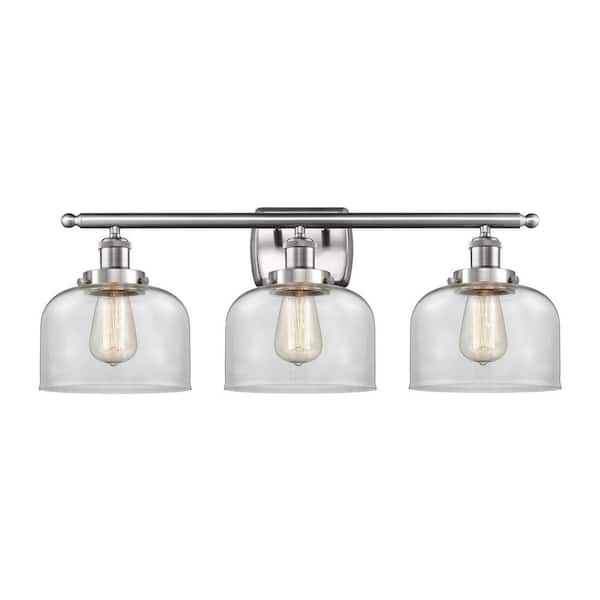 Bell 28 in. 3-Light Brushed Satin Nickel Vanity Light with Glass Shade