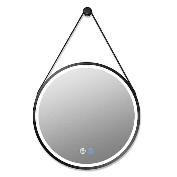 Unbranded 24 in. W x 24 in. H LED Black Round Framed with Lamp Hanging Mirror for Living Room, Vanity, Bathroom, 3 Lights