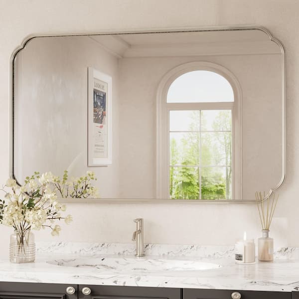 48 in. W x 30 in. H Scalloped Framed Wall Bathroom Vanity Mirror in Brushed Nickel