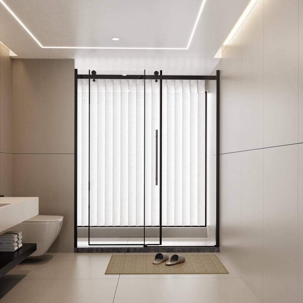 60.in W x 72.in H Black Semi-Frameless Single Sliding Shower Door,1/4 in Clear Glass,Zinc Rail,Waterproof,Reversible price history on PriceWatchPro