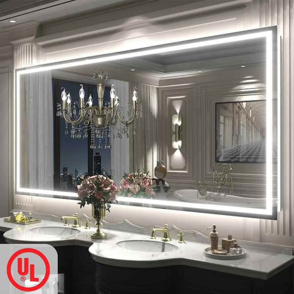 77 in. W x 36 in. H Rectangular Frameless Front & Back LED Lighted Anti-Fog Tempered Glass Wall Bathroom Vanity Mirror
