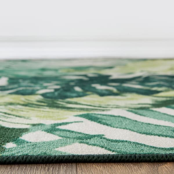 Contemporary Tropical Green 5 ft. x 7 ft. Floral Leaves Non Slip Area Rug