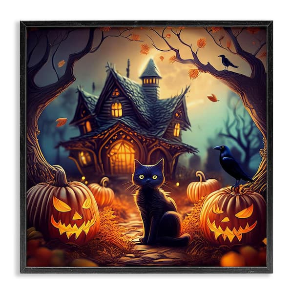 Haunted House & Black Cat by Alina Georgescu Black Framed Animal Giclee Art Print 12 in. x 12 in.