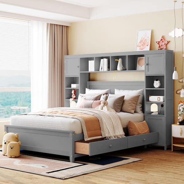 Gray Wood Frame Full Platform Bed with All-in-One Cabinet and Shelf