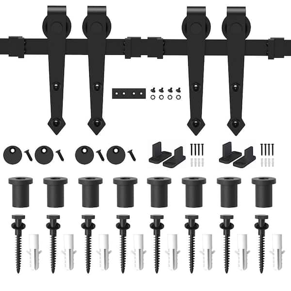WINSOON 11 ft./132 in. Black Steel Heavy-Duty Rolling Barn Door Hardware Kit for Double Wood Doors with Non-Routed Floor Guide