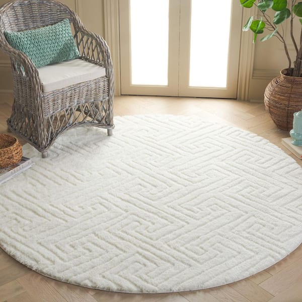Tahoe Shag 3 ft. x 3 ft. White Solid Geometric Round Area Rug