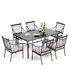 7-Piece Metal Outdoor Dining Set with Slat Table-top and Stylish Chairs with Beige Cushions