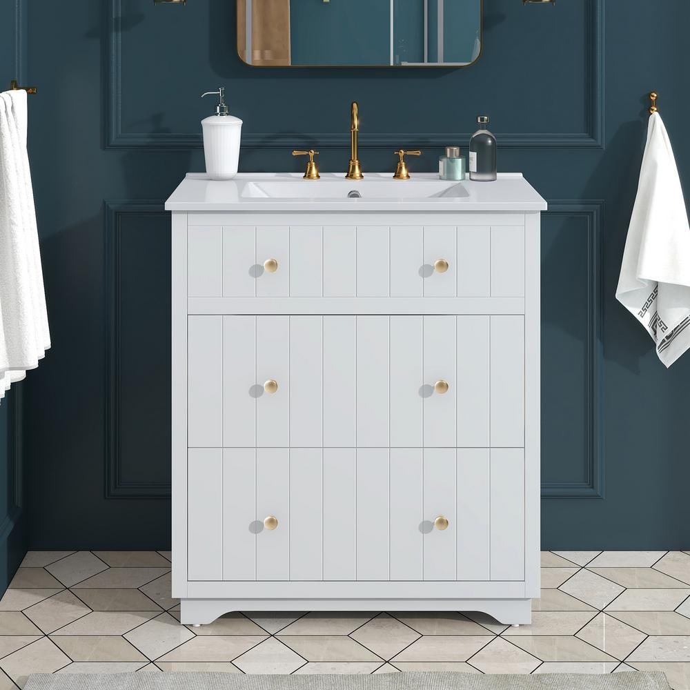 30 in. W x 18 in. D x 34 in. H Freestanding Bath Vanity in White with White