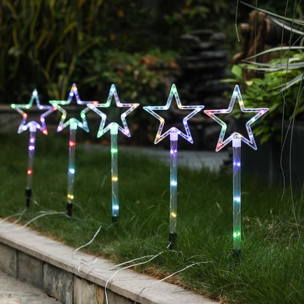 LuxenHome Outdoor Multi-Color 21.65 in. H Lighted Star Stakes Christmas Yard Decor with Remote (Set of 5)