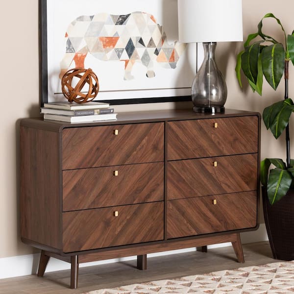 Baxton Studio Markell Walnut Brown and Gold 6 Drawer 51.4 in