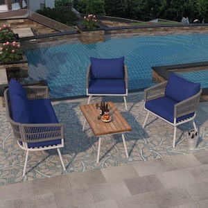 Grey Wicker 4-Piece Patio Conversation Set with Acacia Wood Table and Navy-Blue Cushions for Backyard, Porch and Balcony