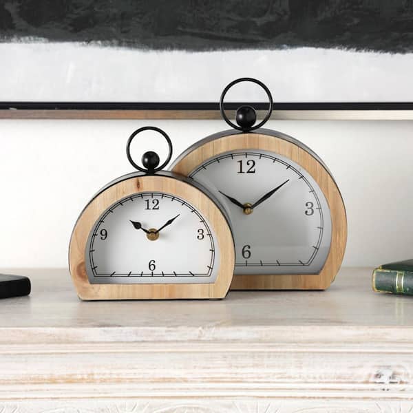 Litton Lane White Wooden Semicircle Clock with Brown Wooden Frame and Ring Handle (Set of 2)