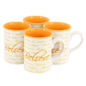 Inspirational Words Believe 4-Piece 16 oz. Stoneware Mug Set in Orange