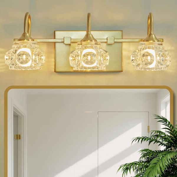 17 in. 3-Light Modern Gold Bathroom Vanity Light with Clear Crystal Shades