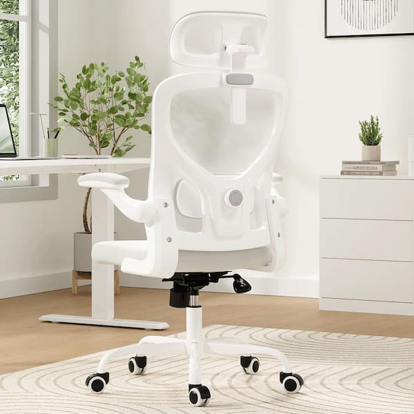 Polyurethane Adjustable Height Office Tesk Chair in White with Adjustable Lumbar Support and Flip-up Armrests