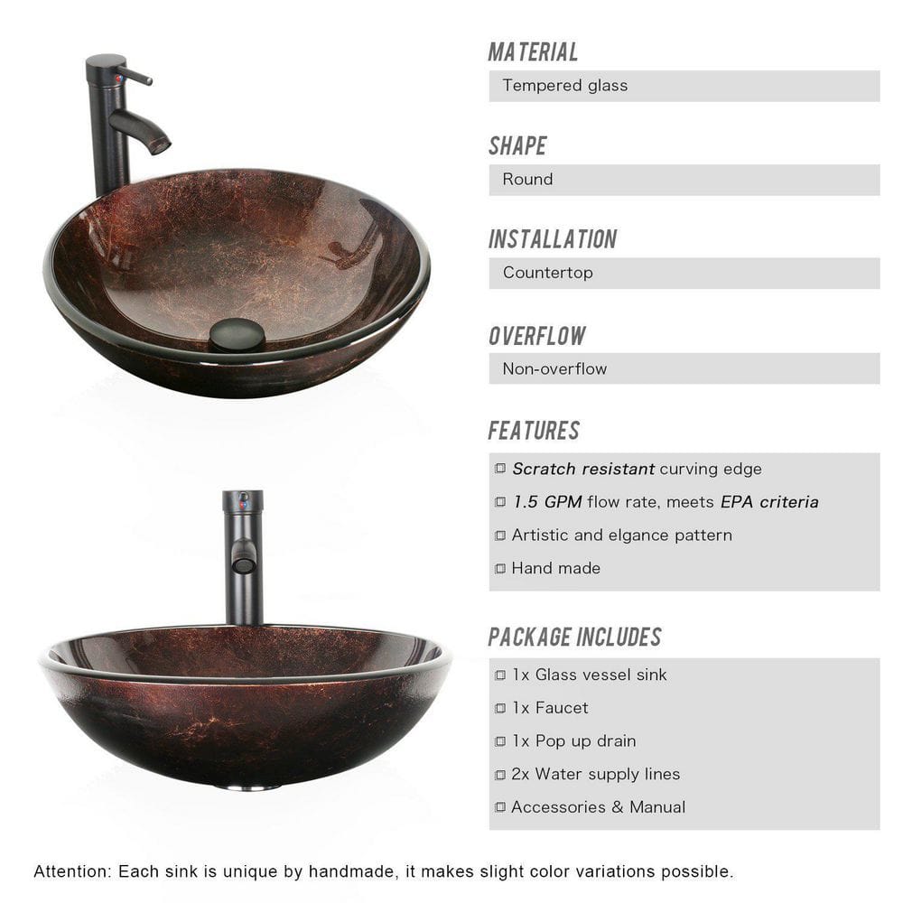 16.5" Brown Tempered Glass Round Vessel Sink with Faucet
