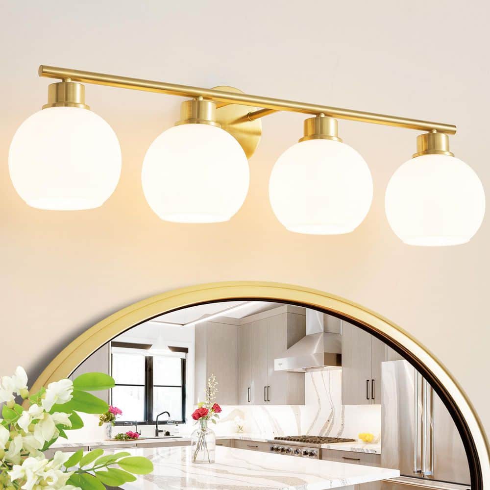 Modern 29.53 in. 4-Light Gold Bathroom Vanity Light Interior Powder Room LED Lighting with Opal Glass Globe Shades price history on PriceWatchPro