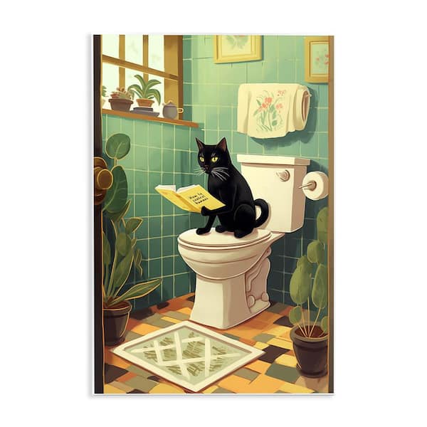 Cat Reading on Toilet by Andreas Magnusson Unframed Animal Graphic Art Print 19 in. x 13 in.