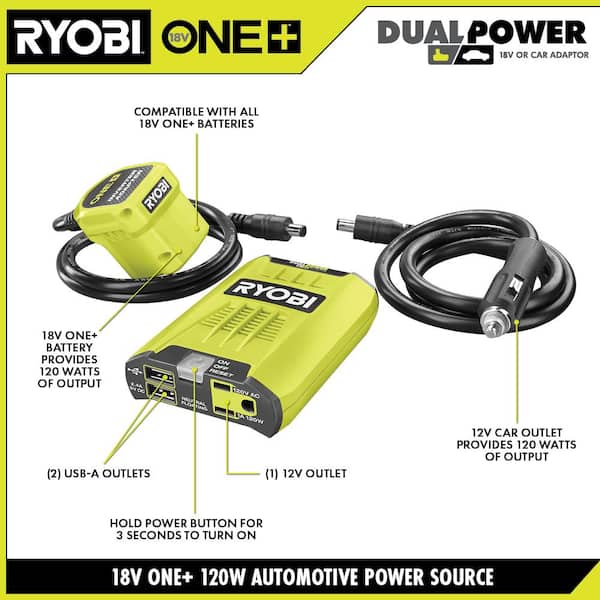 RYOBI ONE+ 18V 120-Watt 12V Automotive Power Inverter with Dual