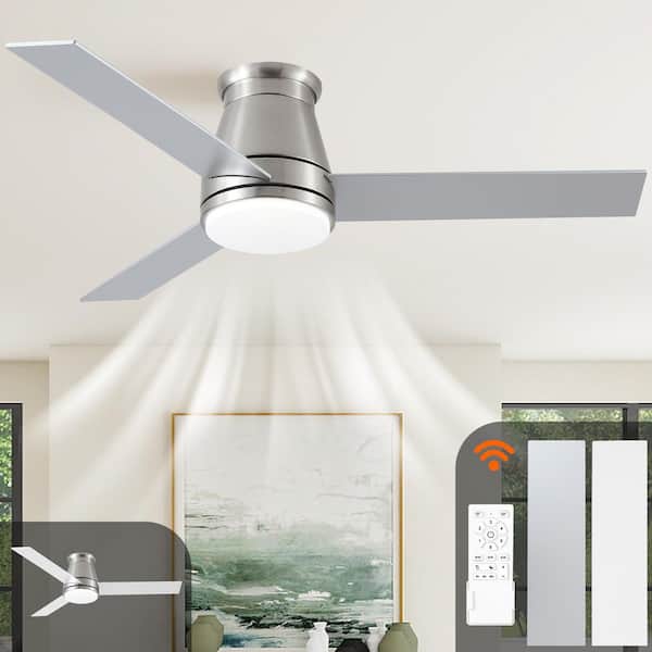 48 in. Brushed Nickel Low Profile Flush Mount Ceiling Fan with Integrated LED Light Included and Remote