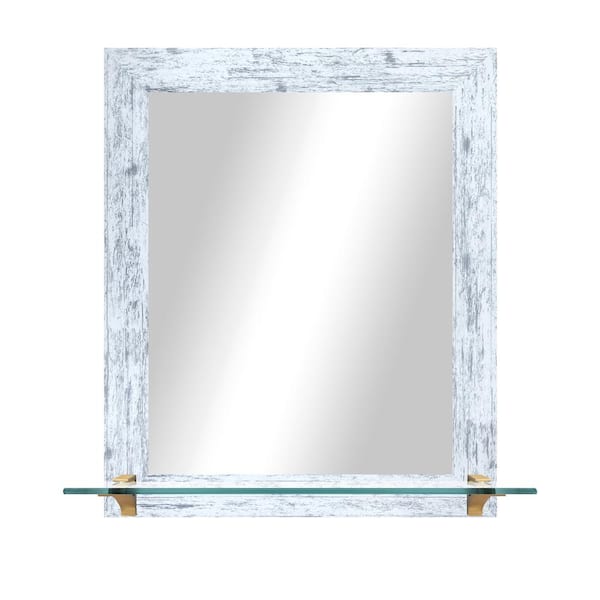 Unbranded 21.5 in. W x 25.5 in. H Rectangle White Weathered Vertical Mirror With Tempered Glass Shelf/Brass Brackets