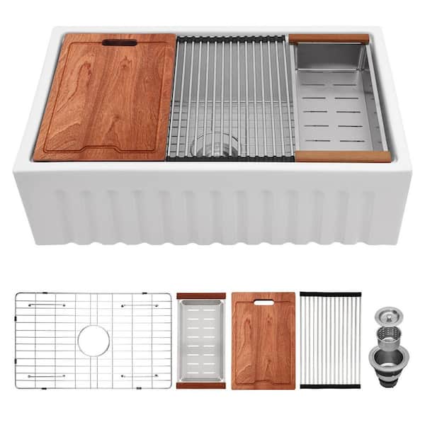 33 in. W x 20 in. D Ceramic White Single Bowl Farmhouse Apron Workstation Kitchen Sink with Bottom Grid
