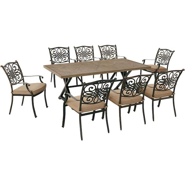 Hanover Traditions 9-Piece Aluminum Outdoor Dining Set with Tan Cushions, 8 Stationary Chairs and Tile-Top Table