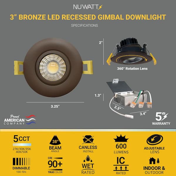 3 in. Canless Bronze Round Gimbal Integrated LED Recessed Light Kit 5 CCT 2700K - 5000K New Construction (16-Pack)