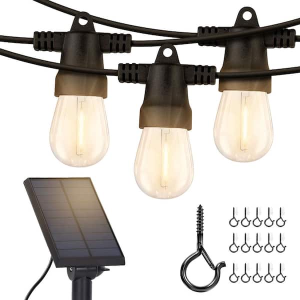 Ambience Pro 12-Light 27 ft. Outdoor Solar 1W 2700K Warm White LED S14 Edison Bulb String Lights with Easy Install Hooks