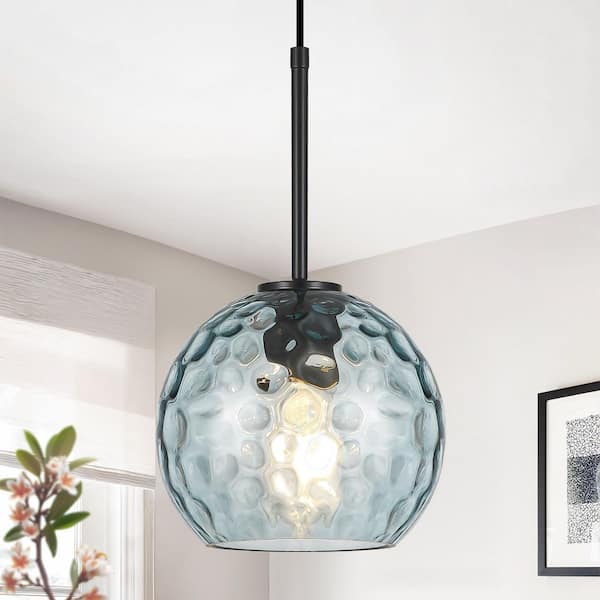 RayHome 1-Light Nickel Modern Pendant Light with Blue Water Pattern Glass Shade for Kitchen Island Bedroom