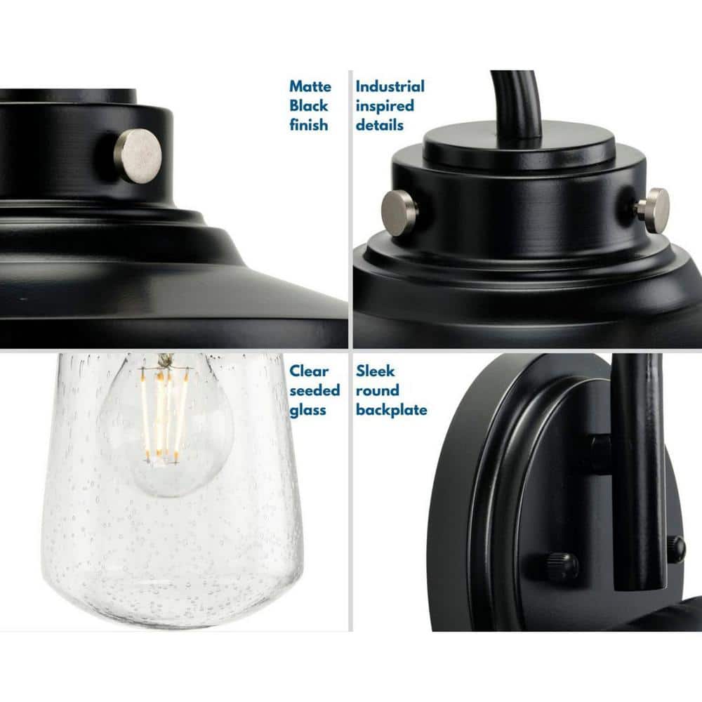 Matte Black Steel Outdoor Wall Lantern with Seeded Glass
