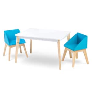 Blue Modern Table and Chair Set White Table Natural Legs with Chairs