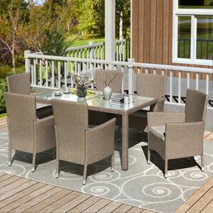 Beige Brown 7-Piece Wicker Square Table Patio Outdoor Dining Set with Table and Armchairs for Backyard, Beige Cushion