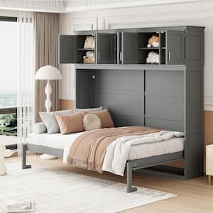 Gray Wood Frame Queen Size Murphy Bed with 5 Top Storage Cabinets