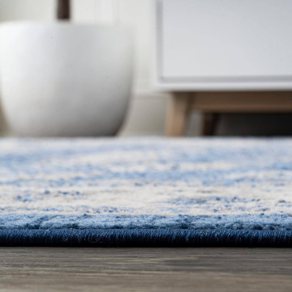 Elegant Vintage Floral 5' Square Blue and Cream Synthetic Area Rug