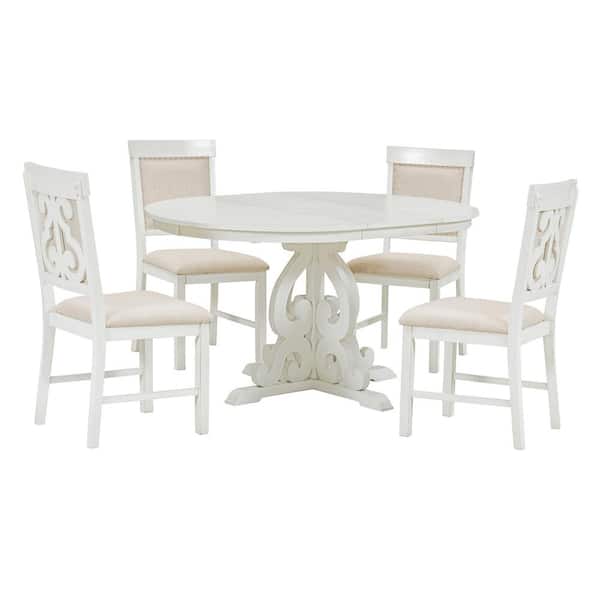 5-Piece Retro Antique White Extendable Wood Top Dining Room Set Seats 4