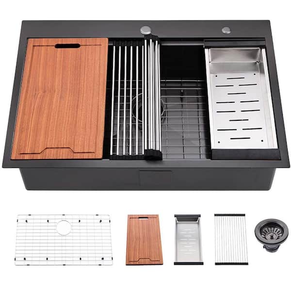 JimsMaison Matte Black Stainless Steel 33 in. Single Bowl Drop-in Workstation Kitchen Sink with Bottom Grid