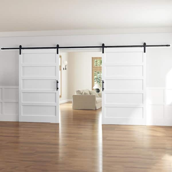 96 in. x 84 in. (Double 48 in. Doors) 5-Panel Solid MDF White Finished Interior Sliding Barn Door with Hardware Kit