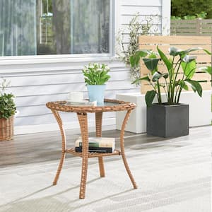 ArcoBay Yellow Square Wicker Outdoor Side Table with Tempered Glass Top and Lower Wicker Storage Shelf