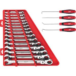 144-Position Flex-Head Ratcheting Combination Wrench Set SAE with Hook and Pick Set (19-Piece)