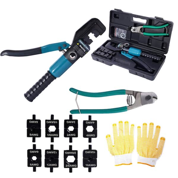 phyfalip Hydraulic Wire Terminal Crimper Swager Battery Cable Lug Crimping Swaging Tool with 9 Pairs Dies, 1 Pair Gloves