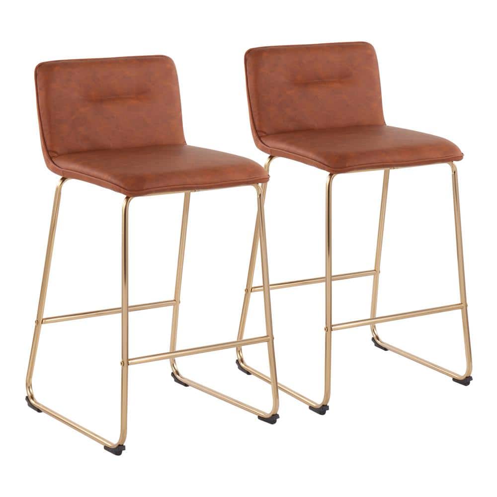 Contemporary Gold Metal and Camel Faux Leather Counter Stool, 21"