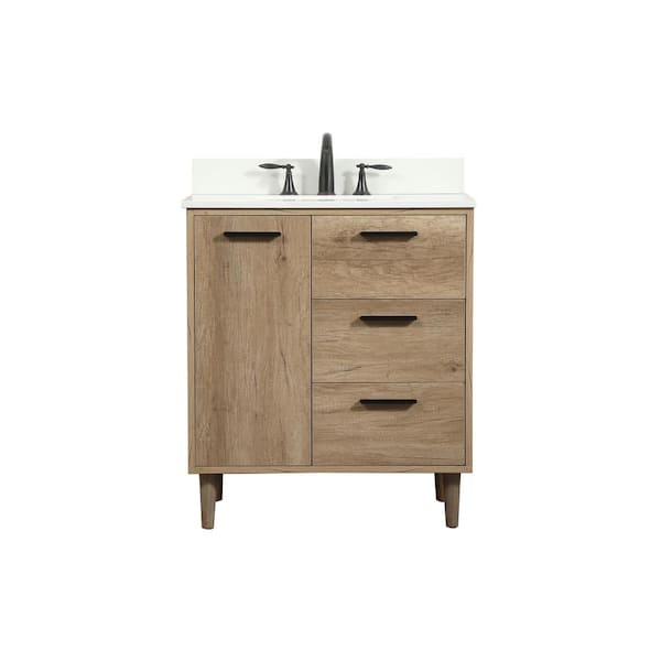 Unbranded Simply Living 30 in. W x 19 in. D x 34 in. H Bath Vanity in Natural Oak with Ivory White Engineered Marble Top