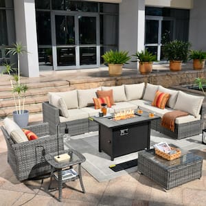 Messi Gray 10-Piece Wicker Outdoor Patio Conversation Sectional Sofa Set with a Metal Fire Pit and Beige Cushions